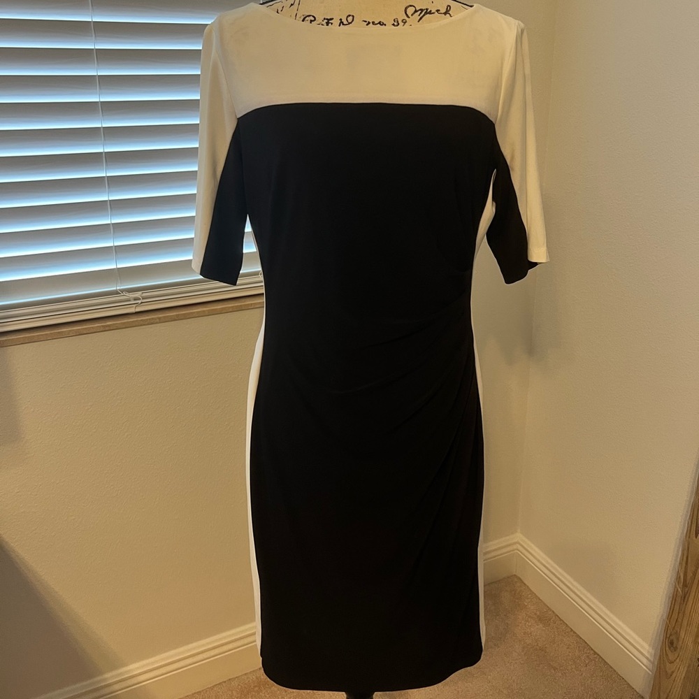 Black & White Side Ruched LAUREN Ralph Lauren Dress Size 14